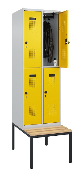 C+P Doppelstock-Spind Evolo PLUS, Bank, 4 Fächer, 2120x600x815mm, 7035/1023, Drehriegel, Sitzfläche Buche-Hartholz, Sitzbank, 0493507-20 S10001