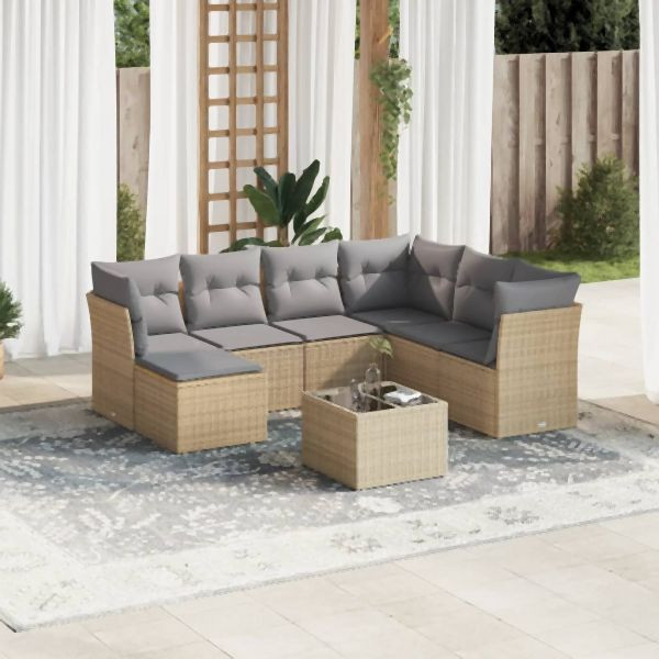 vidaXL 8-tlg. Garten-Sofagarnitur mit Kissen Beige Poly Rattan, 3249838
