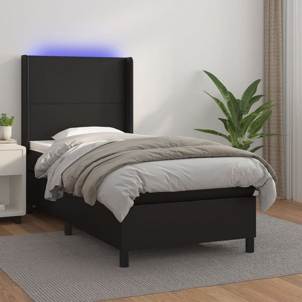 vidaXL Boxspringbett mit Matratze & LED Schwarz 90x200 cm Kunstleder, 3139241
