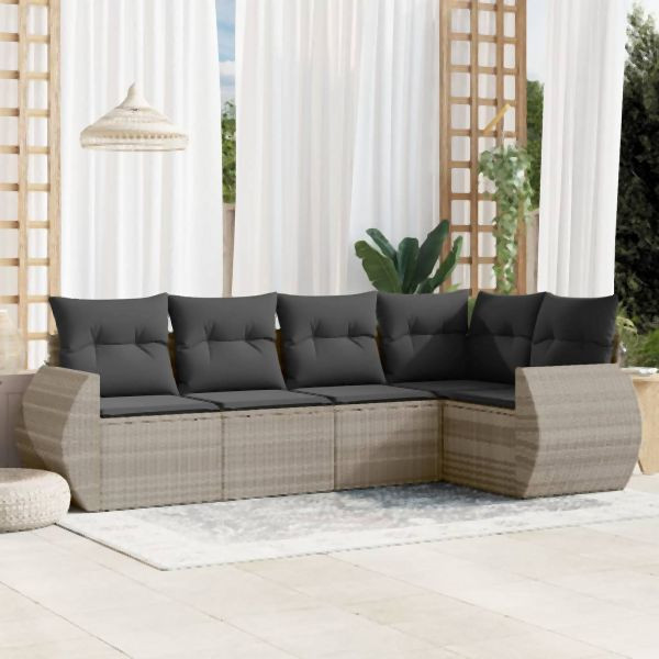 vidaXL 5-tlg. Garten-Sofagarnitur mit Kissen Hellgrau Poly Rattan, 3253669