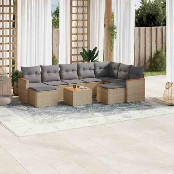 vidaXL 10-tlg. Garten-Sofagarnitur mit Kissen Beige Poly Rattan, UV-beständig, 3258951