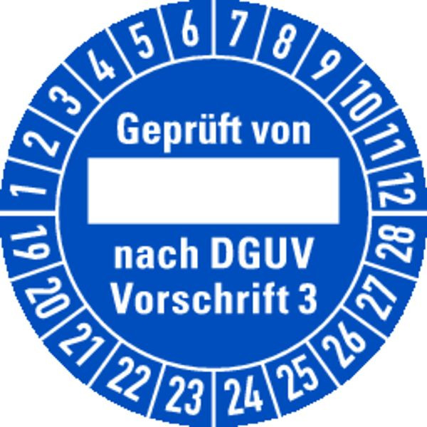 Schilder Klar Prüfplakette Geprüft von, nach DGUV Vorschrift 3 ab 23 blau/weiß (alte Norm: BGV A3), 30 mm Dokumentenfolie, VE: 40 Stück, 49/04.23