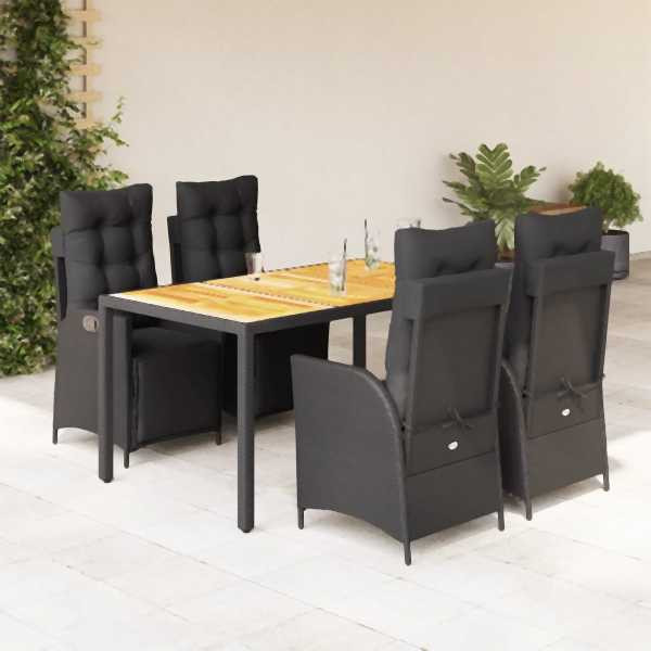 vidaXL 5-tlg. Garten-Essgruppe mit Kissen Schwarz Poly Rattan, UV-beständig, 3213340