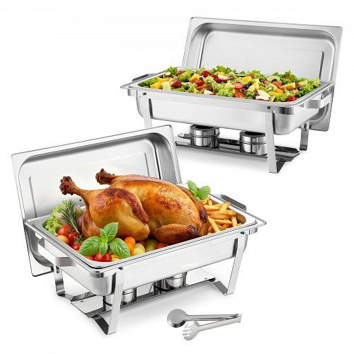 VEVOR Chafing Dish Set 8,5 L (2 Stk.) Speisenwärmer, mit Griff, Zange, Deckel & Brennstoffhalter, für Bankett/Party, Silber, ZFXCL2JT9QTYC55MD001V0