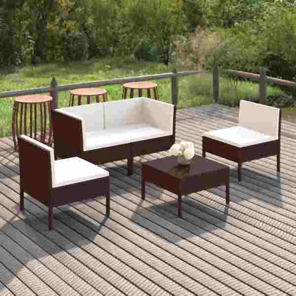vidaXL 5-tlg. Garten-Lounge-Set mit Auflagen Poly Rattan Braun, 3094339