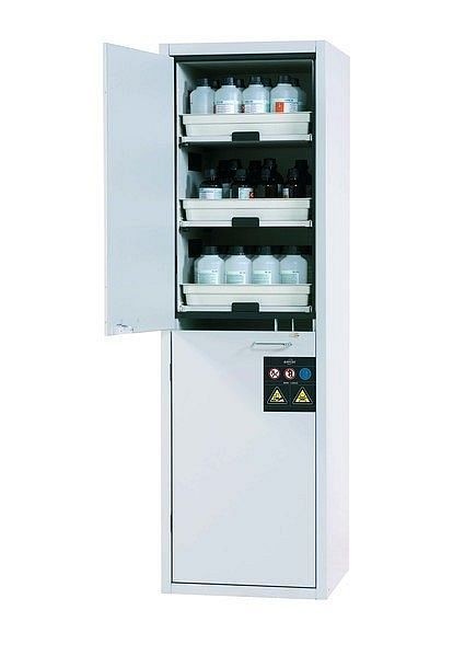 asecos Säuren- und Laugenschrank SL-CLASSIC Modell SL.196.060.MH in lichtgrau RAL 7035 mit 6x Tablarauszug AbZ (FP-Platte/Polypropylen), 30612-001-30615