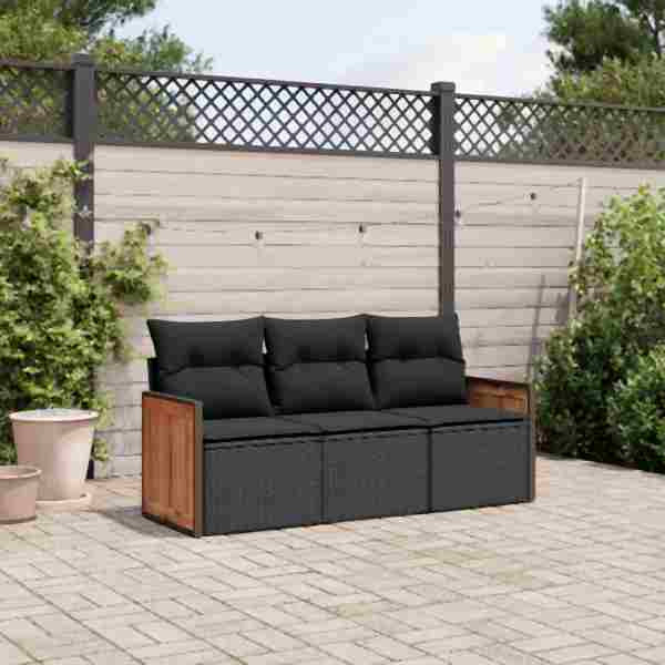 vidaXL 3-tlg. Garten-Sofagarnitur mit Kissen Schwarz Poly Rattan, UV-beständig, 3227434