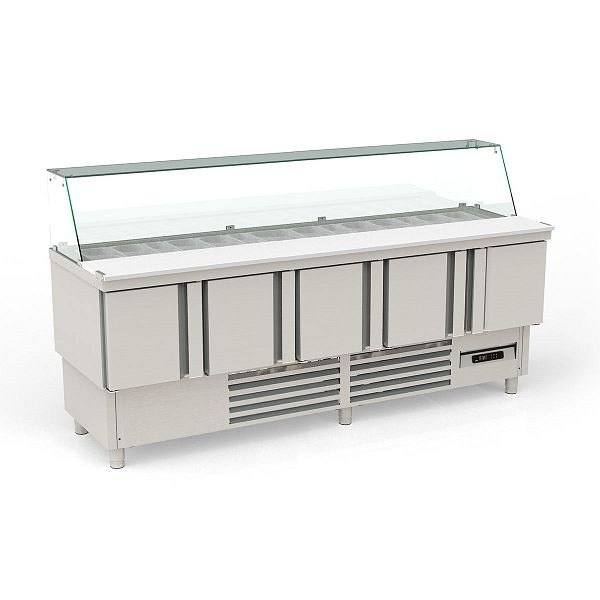Vaiotec TOPLINE Saladette 700 / 5-fach mit Türen, Glasaufsatz schräg, GN 1/6 & 1/9, Breite: 2275 mm, 11606