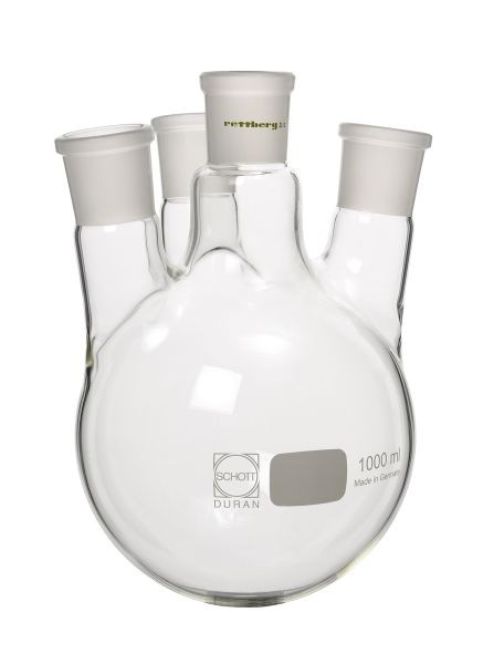 Rettberg 4-Halskolben, 4000 ml, Mittelhals NS 45/40, 3x Seitenhälse NS 29/32 schräg (7°), Borosilikatglas 3.3, 134019171
