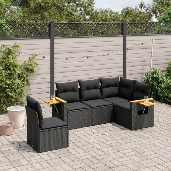 vidaXL 5-tlg. Garten-Sofagarnitur mit Kissen Schwarz Poly Rattan, UV-beständig, 3226811