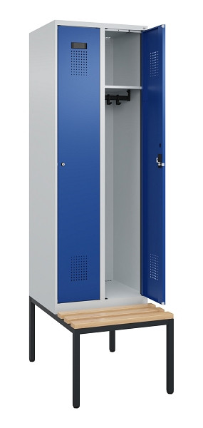 C+P Spind Evolo PLUS, 2 Abteil, 2120x600x815mm, 7035/5010, Zylinderschloss, Sitzfläche Buche-Hartholz, Sitzbank, 0490507-20 S10033