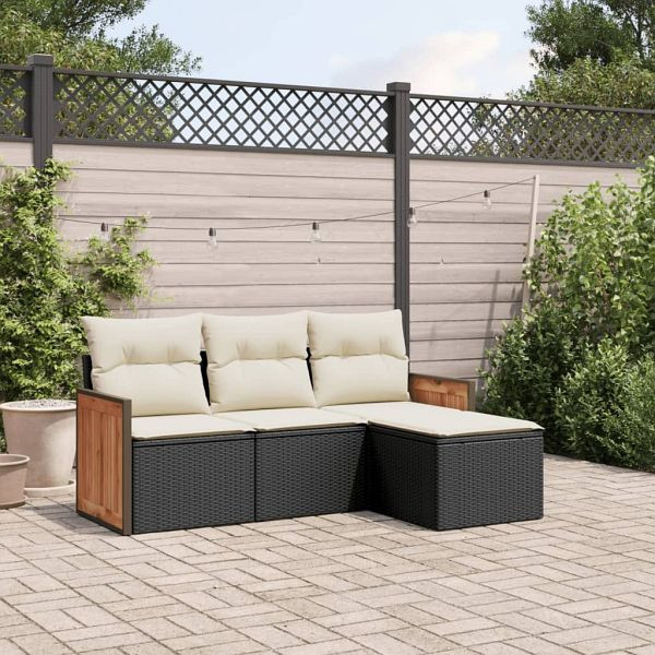 vidaXL 4-teilig Garten-Sofagarnitur mit Kissen Schwarz Poly Rattan, 3259984