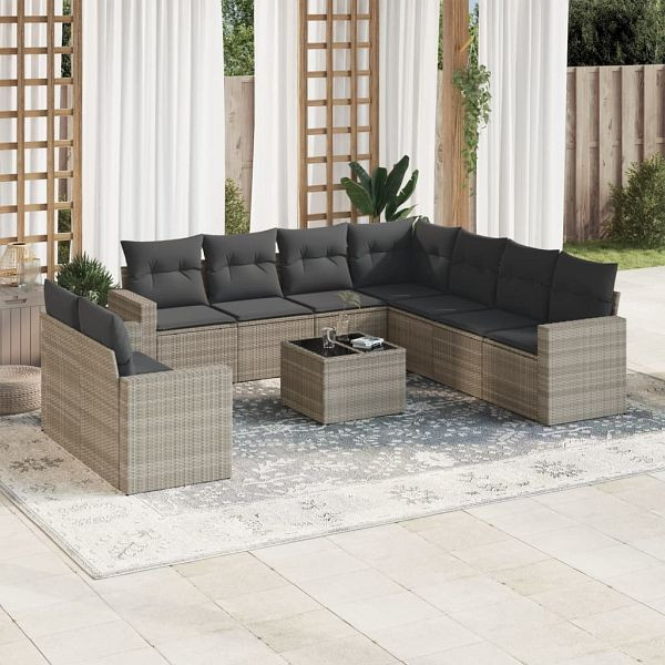 vidaXL 10-teilig Garten-Sofagarnitur mit Kissen Hellgrau Poly Rattan, 3219152