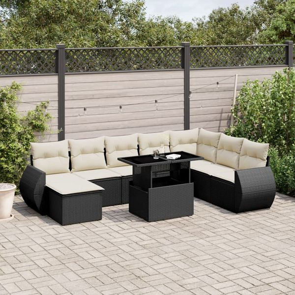 vidaXL 9-teilig Garten-Sofagarnitur mit Kissen Schwarz Poly Rattan, 3268726
