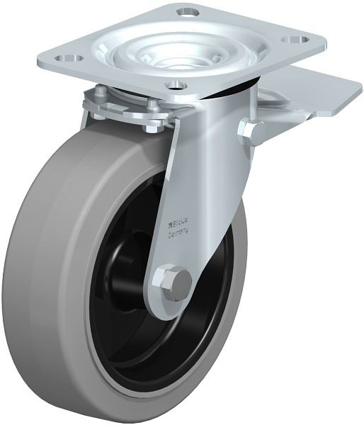 Blickle L-POEV 125G-ST-SG Stahlblech-Lenkrolle, mittelschwere Ausführung, mit Anschraubplatte & Feststeller, Elastik-Vollgummi, Grau, 850542