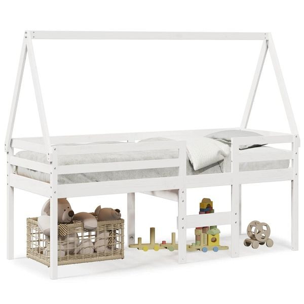 vidaXL Hochbett mit Dach Weiß 75x190 cm Massivholz Kiefer, 3282102
