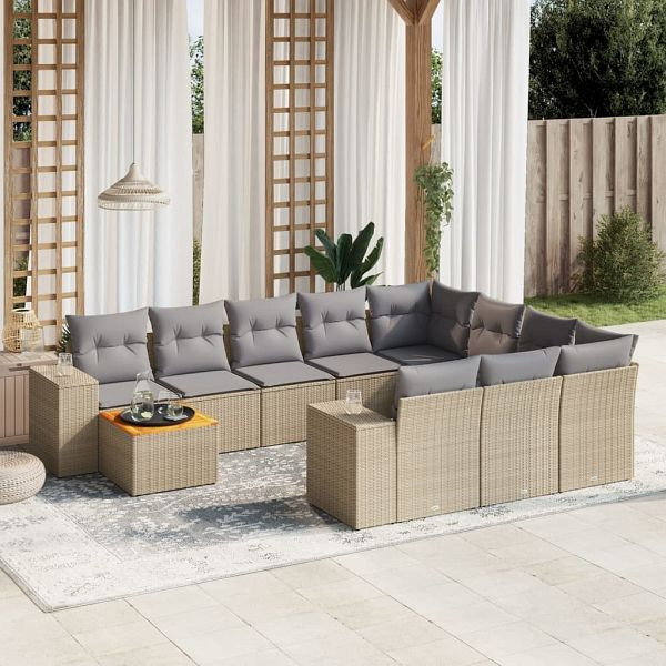 vidaXL 11-tlg. Garten-Sofagarnitur mit Kissen Beige Poly Rattan, 3257963