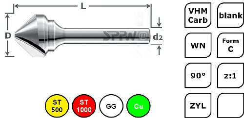 SPPW Kegelsenker VHM 90° z:1 Form C L: 58 Ø16,5, 6501001650