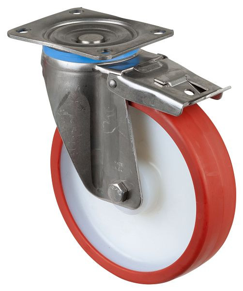 BS Rollen Edelstahl-Schwerlastrolle Lenkrolle, Edelstahl, mit Feststeller, Gleitlager Polyurethanrad rot, Anschraubplatte 200 mm, HS120.B27.201