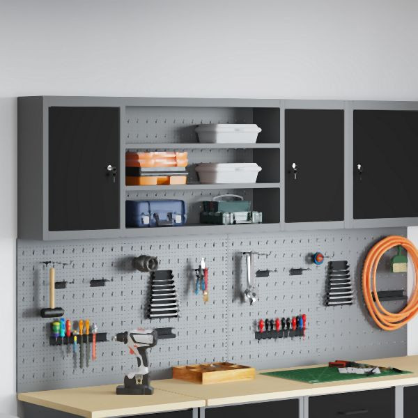 vidaXL Werkzeugschrank Wandmontage mit Lochplatte Schwarz 150x20x55 cm Stahl, 4103475