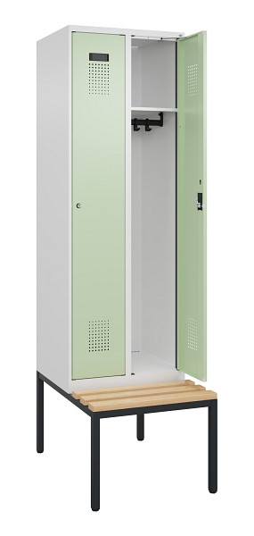 C+P Spind Evolo PLUS, 2 Abteil, 2120x600x815mm, 9016/6019, Zylinderschloss, Sitzfläche Buche-Hartholz, Sitzbank, 0490507-20 S10046