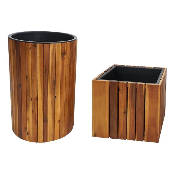 Mendler 2er-Set Pflanzkasten HWC-L24, Pflanztopf Pflanzkübel Blumentopf Blumenkasten, rund eckig Outdoor Akazie Holz FSC® braun, 98583+98584