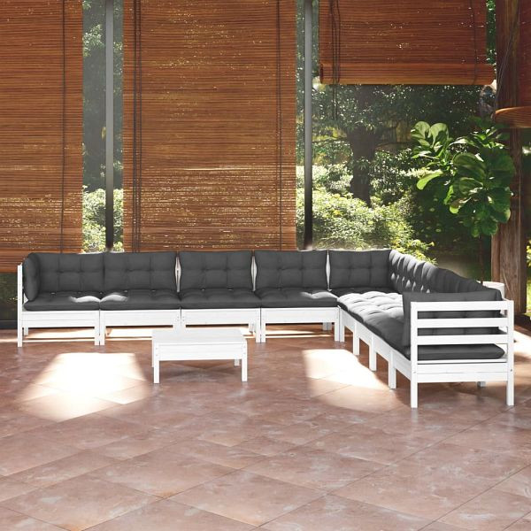 vidaXL 10-teilig Garten-Lounge-Set mit Kissen Weiß Kiefer Massivholz, 3096822