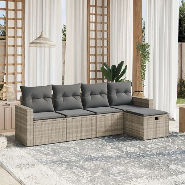 vidaXL 5-tlg. Garten-Sofagarnitur mit Kissen Hellgrau Poly Rattan, 3263468