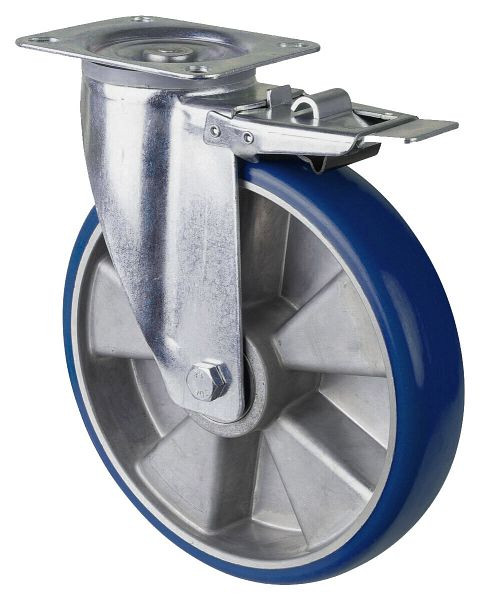 BS Rollen Transportrolle Lenkrolle mit Feststeller, Polyurethanrad 83 Shore Alufelge, Kugellager, Platte, Durchmesser: 250 mm, L420.B92.250