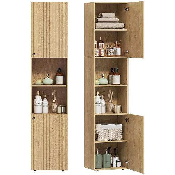 HOMCOM Hoher Badezimmerschrank, 6 Ebenen, 2 Schränke, 2 offene Regale, offene Fächer, Holz, Eichenfarben, 834-895V91AK