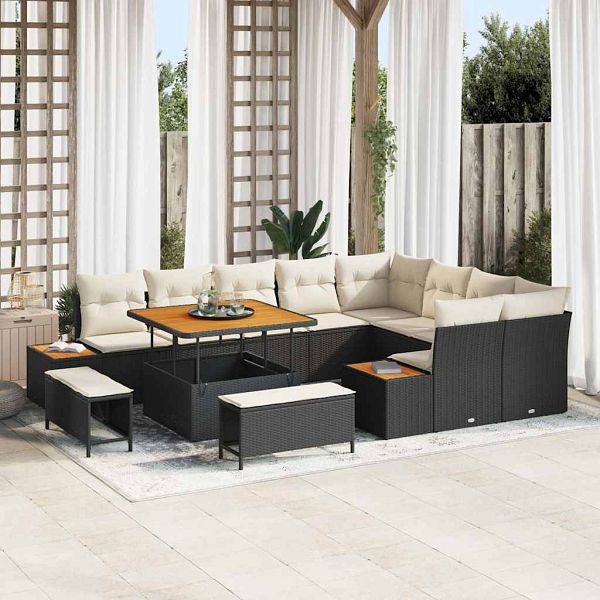 vidaXL Garten-Sofa-Set mit Kissen 12-teilig Schwarz Poly-Rattan, 3362945