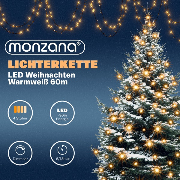 monzana Lichterkette "Weihnachten" mit Fernbedienung, 60 m, warmweiß, 109478