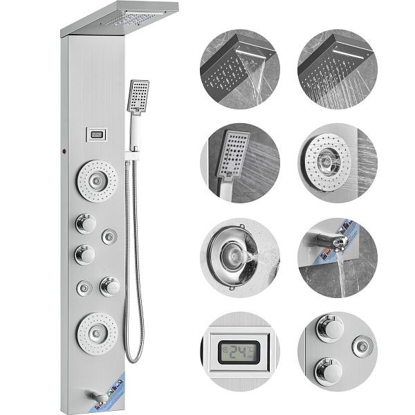 VEVOR Duschpaneelsystem, 6 Modi, LED- und Display, Regenfall, 4 Körpermassagedüsen, Wannenauslauf, Handbrause, 59-Zoll-Schlauch, FTYS6CS2MSDP57F0KV9