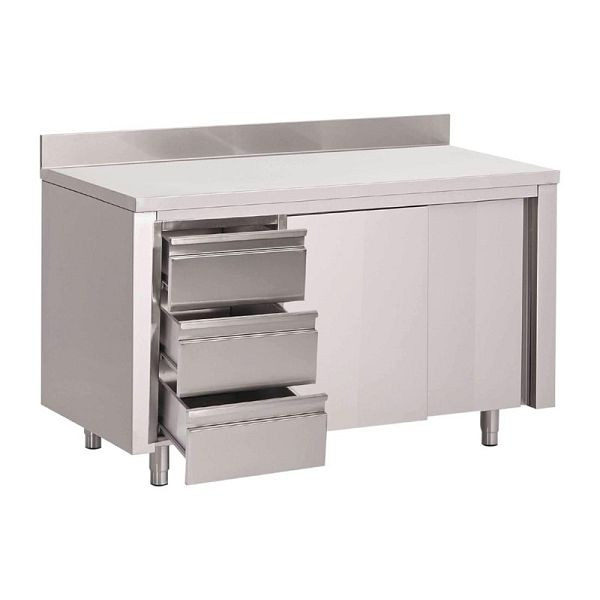 Gastro M Arbeitstisch mit Schubladen, Schiebetüren und Aufkantung 140cm lang, DS442