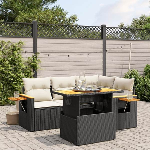 vidaXL 5-tlg. Garten-Sofagarnitur mit Kissen Schwarz Poly Rattan, UV-beständig, 3273499