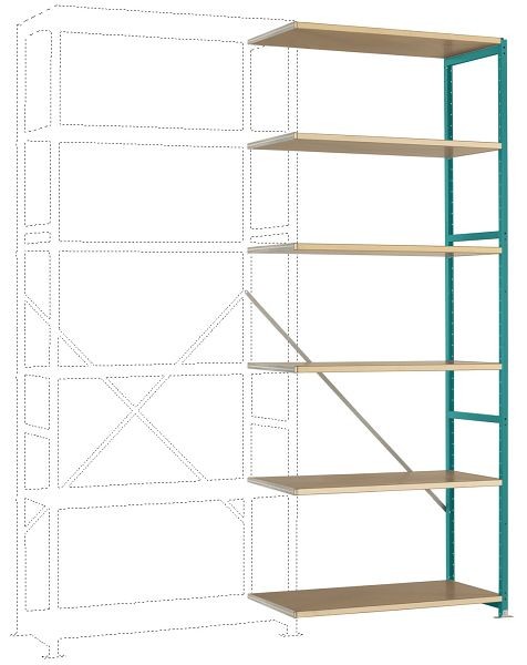 Manuflex Mittelschweres Fachboden-Steckregal Anbauregal mit 6 Holzverbundböden, HxBxT = 2500 x 1000 x 300 mm, wasserblau, RP1405.5021