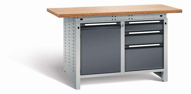Otto Kind Werkbank Serie function Typ 213, Multiplexplatte 40 mm, überstehend, 2x Unterbau + Zentralverschluss, Gehäuse RAL 9006, Front RAL 7016, 07234324S