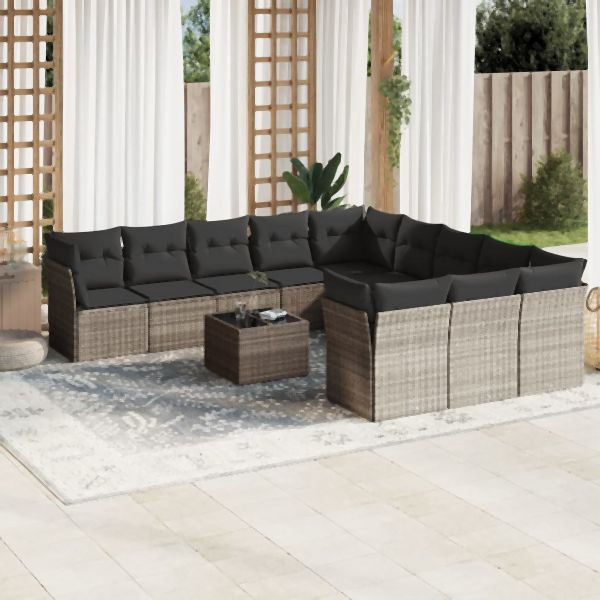 vidaXL 12-tlg. Garten-Sofagarnitur mit Kissen Hellgrau Poly Rattan, 3218422