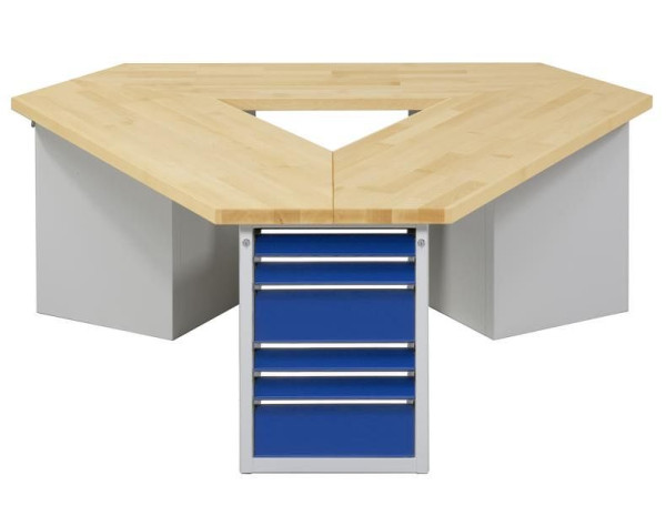 ANKE Werkbänke 3-Eck-Gruppenwerkbank; 3 Arbeitsplätze; 2370x2052x900 mm; RAL 7035/5010; Buche-Massiv-Platte 50 mm; Kantenlänge 1660 mm, 440.112