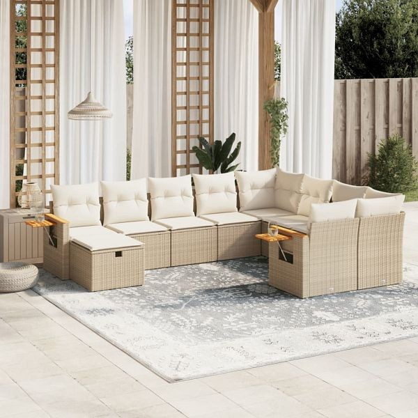 vidaXL 10-teilig Garten-Sofagarnitur mit Kissen Beige Poly Rattan, 3259559