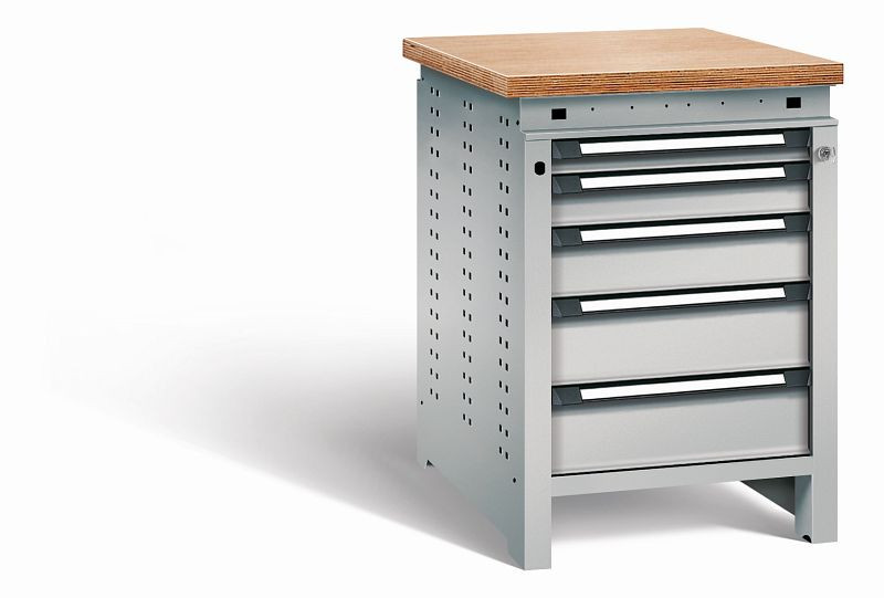 Otto Kind Werkbank Serie function Typ 109, Multiplexplatte, bündig, 5 Schubladen, mit Zentralverschluss, komplett RAL 9006, 072326196