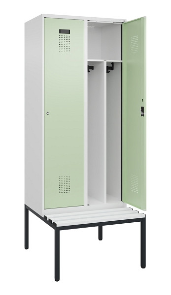C+P Spind Evolo PLUS, 2 Abteile, 2120x800x815mm, 9016/6019, Haken 4, Zylinderschloss, Sitzfläche Kunststoff, Sitzbank, Trennwand, 0490507-22F S10099