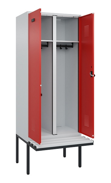 C+P Schwarz-Weiß-Spind Evolo PLUS, Bank, 2 Abteile, 2120x800x815mm, 7035/3020, Drehriegel, Material Sitzfläche Kunststoff, 0490427-22 S10059