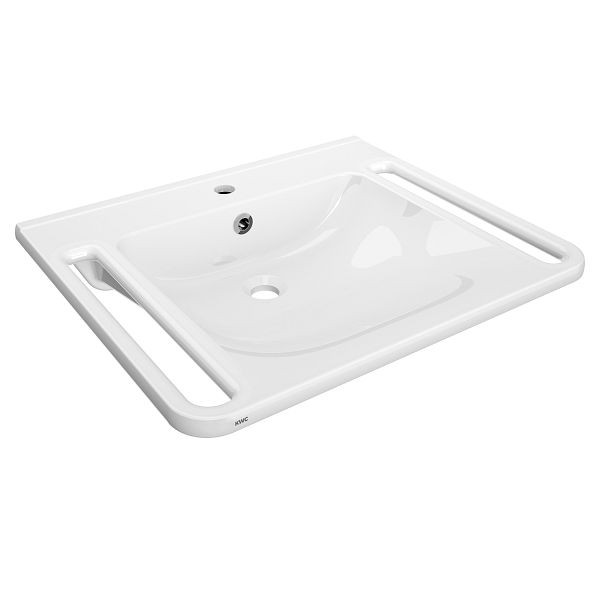 KWC Einzelwaschtisch, MEDCARE, MIRANIT, 650x150x550 mm, weiß, Hahnloch, Überlauf, Griff, barrierefrei, 2030070764