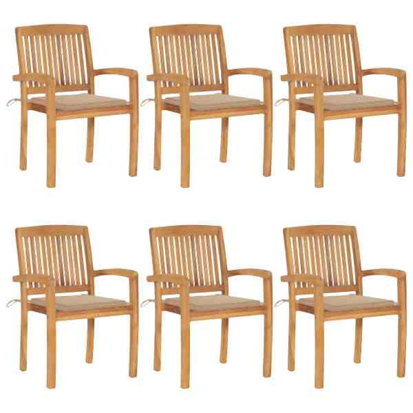 vidaXL Stapelbare Gartenstühle mit Kissen 6 Stück Massivholz Teak, 3073228