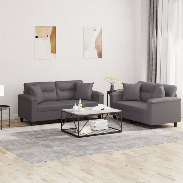 vidaXL 2-teilig Sofagarnitur mit Kissen Grau Kunstleder, 3202374