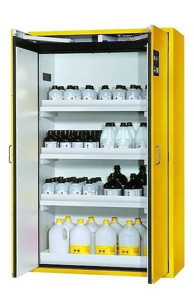 asecos Sicherheitsschrank S-CLASSIC-90, S90.196.120 in sicherheitsgelb RAL 1004 mit 3x Wannenboden Standard (Polypropylen), 30115-002-30143