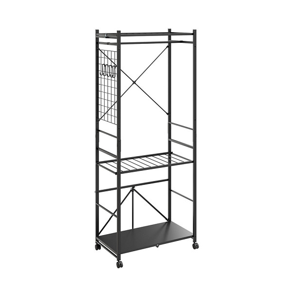 SoBuy Garderobenständer Dunkelgrau mit Haken, Kleiderständer mit Rollen und Gitterablagen, aus Metall für Flur, 70×38×175 cm, Tragkraft 40 kg, KLS22-SCH