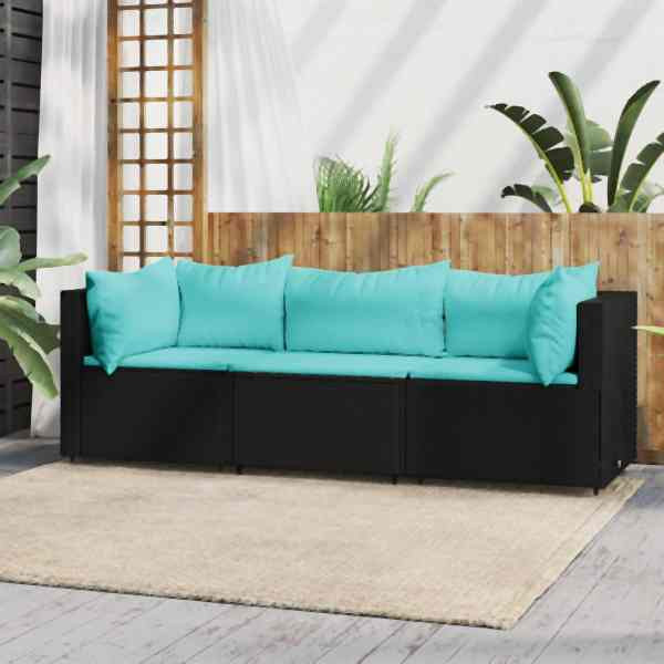 vidaXL 3-tlg. Garten-Lounge-Set mit Kissen Schwarz Poly Rattan, 319798
