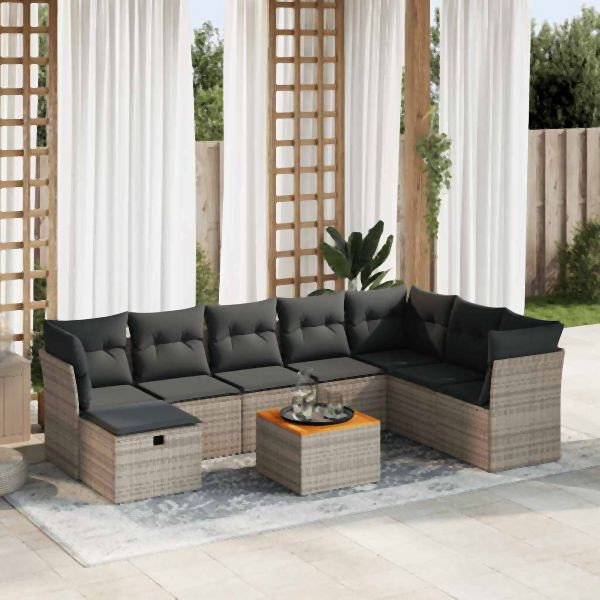 vidaXL 9-tlg. Garten-Sofagarnitur mit Kissen Grau Poly Rattan, 3325777